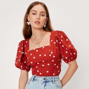🍄 Nasty Gal Red Polka Dot Puff Sleeve Top